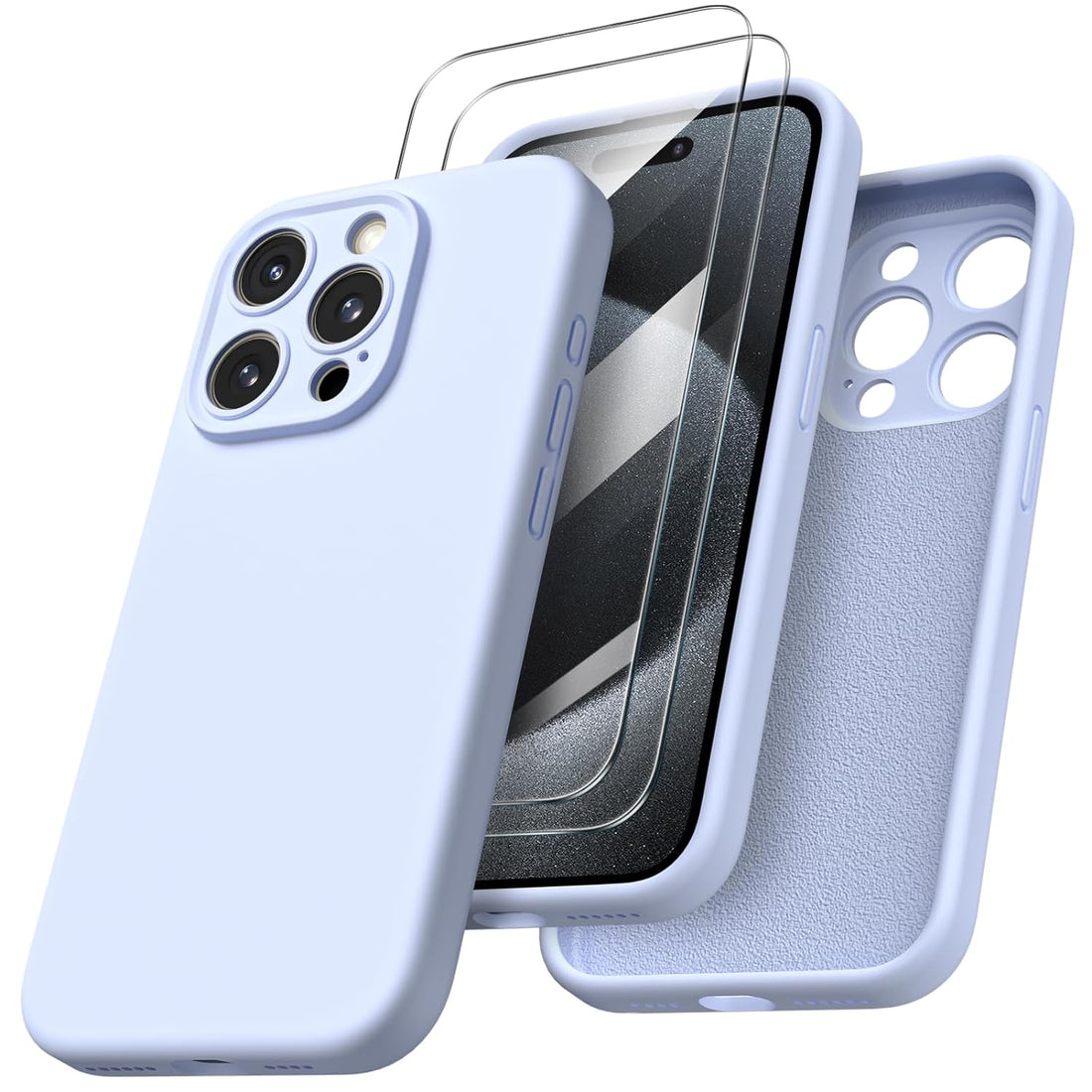 ORNARTO Designed for iPhone 15 Ultra Case with 2X Screen Protector, Liquid Silicone Gel Rubber Cover [Camera Protection + Soft Microfiber Lining], Shockproof Protective Phone Case 6.7 Inch-Baby Blue