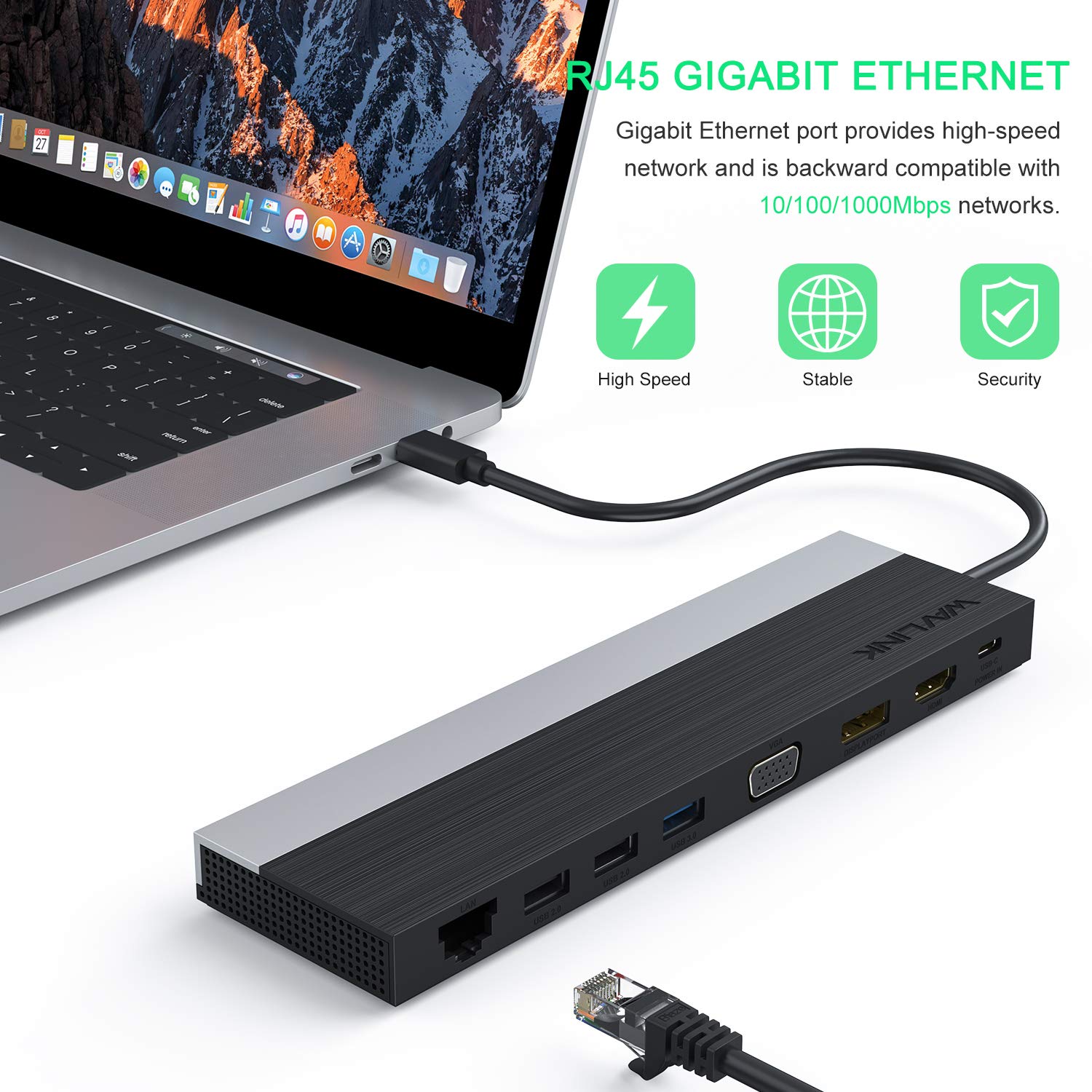 WAVLINK USB C Docking Station,Triple Display Type C Adapter for MacBook Pro,Dell XPS 13/15,HP,Lenovo Yoga(HDMI,DisplayPort,VGA,Ethernet,2 USB 3.0/2.0,SD/TF Card Reader,3.5mm Audio,100W PD3.0)