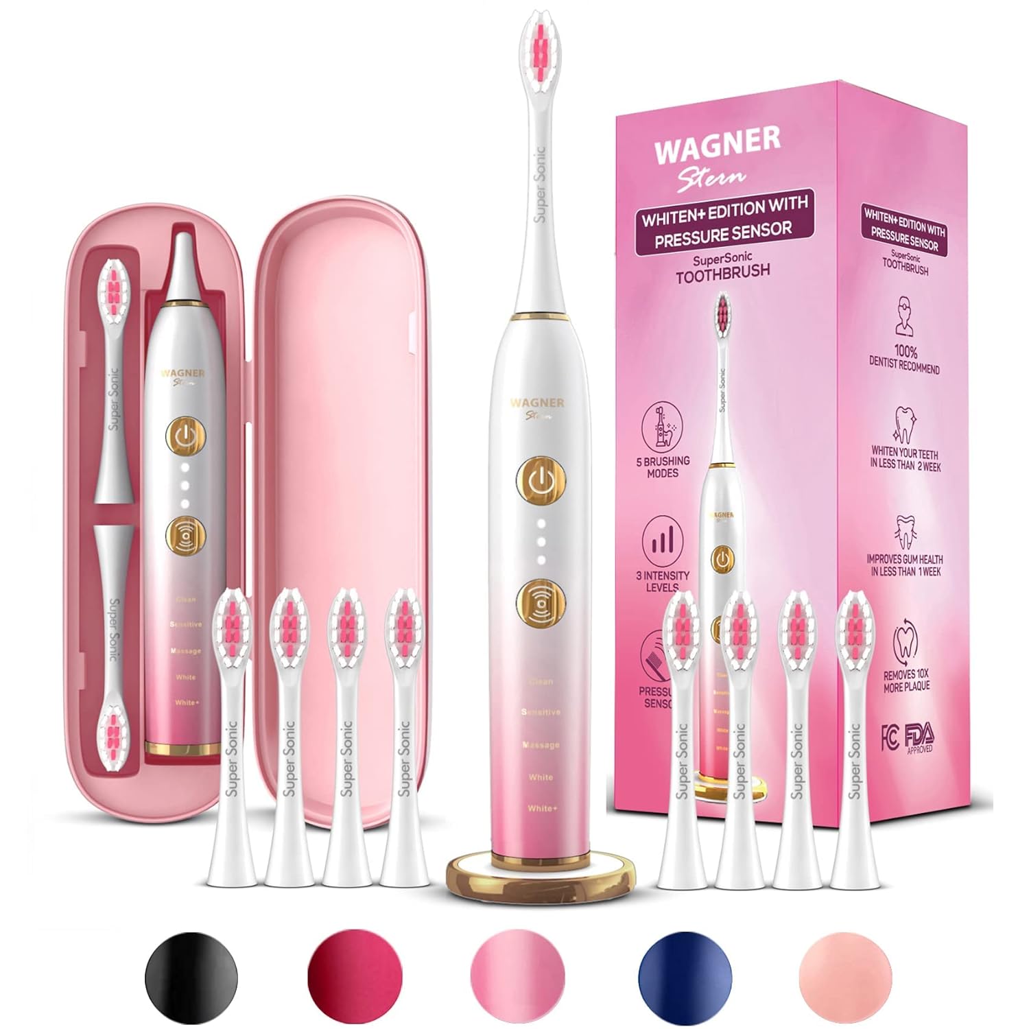 WAGNER Switzerland WHITEN+ Edition. Smart Electric Toothbrush with Pressure Sensor. 5 Brushing Modes and 3 Intensity Levels, 8 Dupont Bristles, Premium Travel Case. (Magnolia Gold)