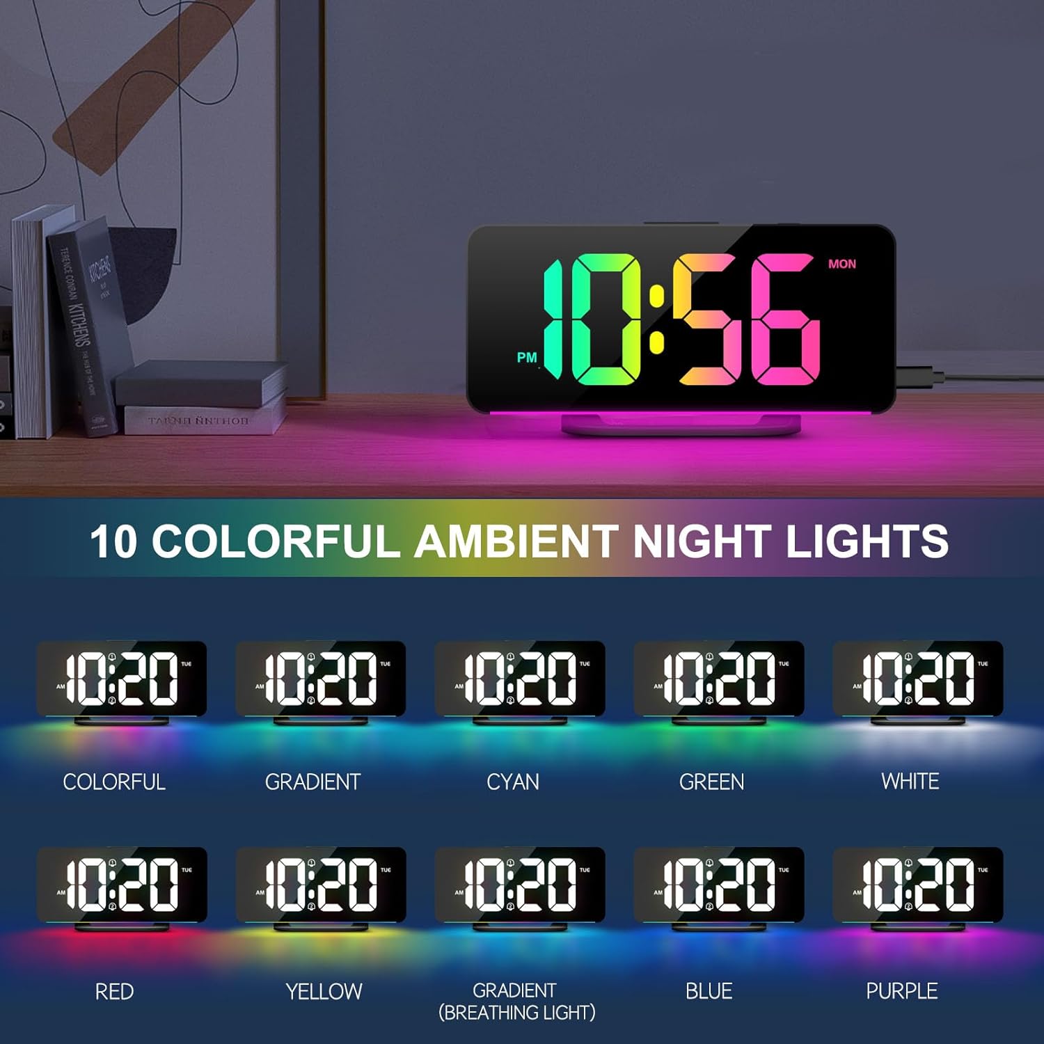 Digital Alarm Clock, Large LED Digital Clock for Bedrooms with 10 Color Changing Night Light, Adjustable Brightness, USB Charging Port, Bedside and Desk Clock for Living Room Office Decor (Black)