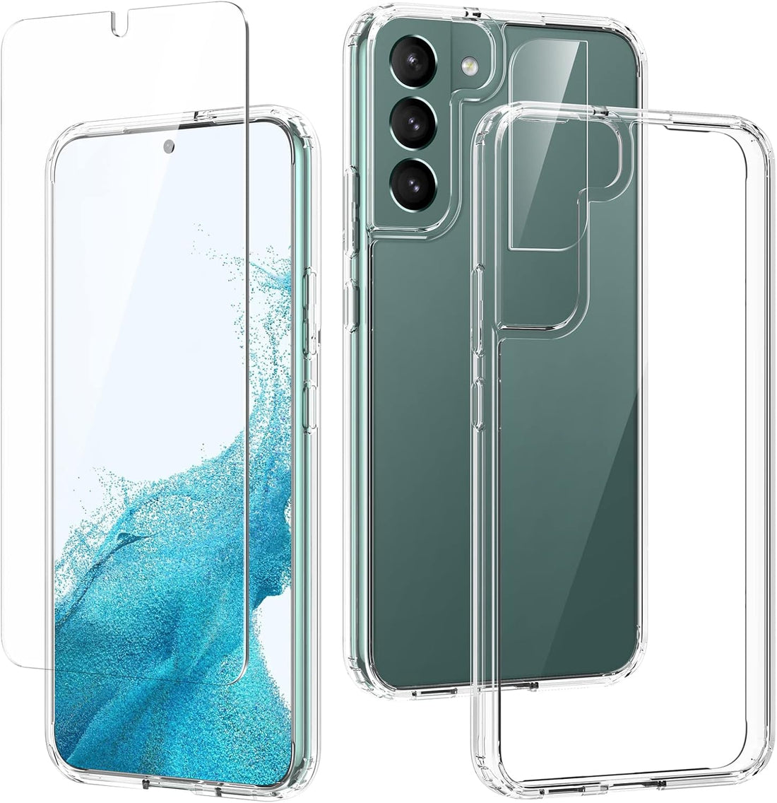 seacosmo for Samsung Galaxy S22 Case [5 in 1], with 2 Pack Tempered Glass Screen Protector + 2 Pack Camera Lens Protector, Shockproof [Military Grade Protection] Clear Hard Back Slim Cover