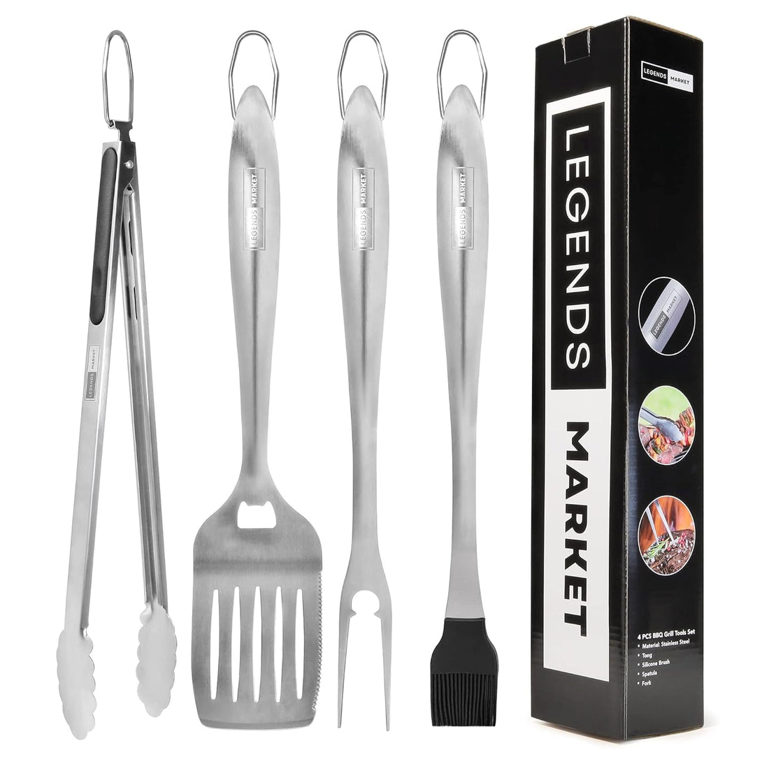 Legends Market Heavy Duty BBQ Grill Tool Set - BBQ Accessories Set 4pc with BBQ Tongs, Spatula, Fork & Brush - Stainless Steel - Outdoor Barbecue Utensils - Gifts for Men & Dad