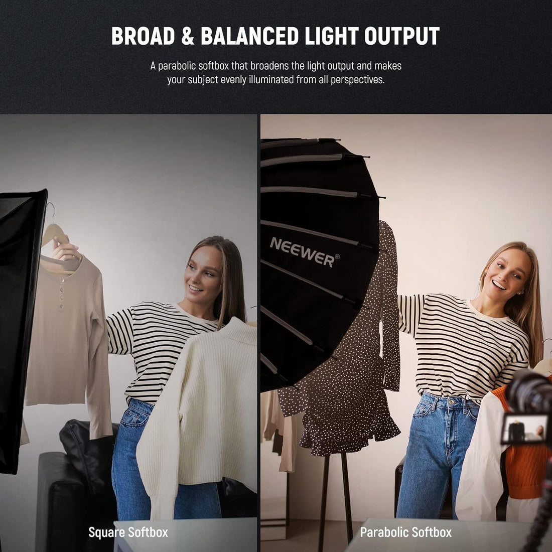 NEEWER 22inch/55cm Parabolic Softbox Quick Set up Quick Folding, with Diffusers/Honeycomb Grid/Bag, Compatible with Aputure 120d Light Dome Godox sl60w NEEWER RGB CB60 and Other Bowens Mount Lights