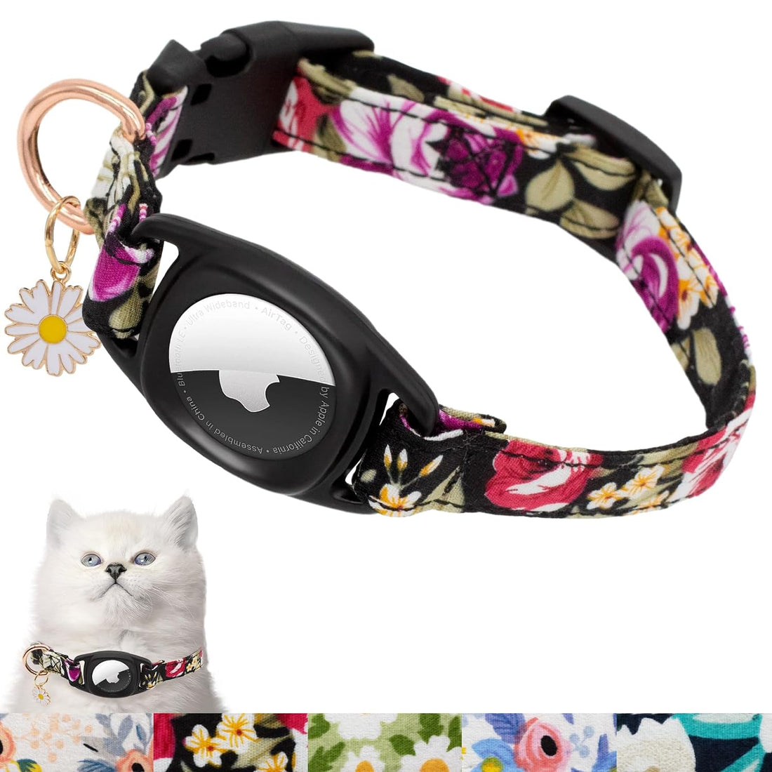 Airtag Cat Collar, HSIGIO GPS Cat Collar Breakaway with Apple Air Tag Holder & Flower Charm, Floral Cat Tracker Collar in 0.6 Inches Width for Girl Boy Cats, Kittens and Puppies (XS, Black Red Rose)