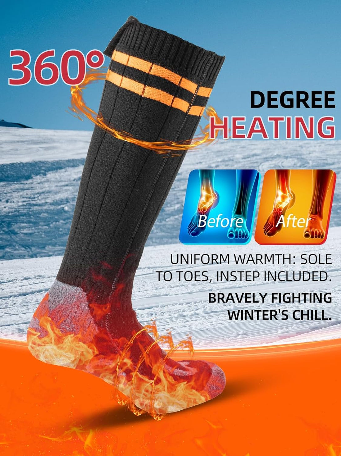 ROCKBROS 360°Electric Heated Socks for Men Women Fits US 5-11 Rechargeable 5000mAh Battery 4 Adjustable Temperatures Perfect for Camping Fishing Cycling Skiing Skating Hunting Hiking