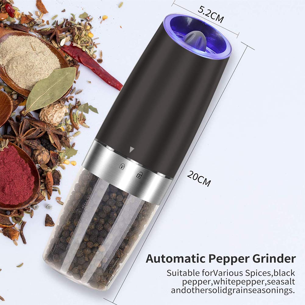 JOBKIM& Electric Gravity Pepper Grinder set of 2, Automatic Salt and Pepper Mill Grinder, Battery Powered, Adjustable Roughness, Blue LED Light, One Hand Operation, Black 2X