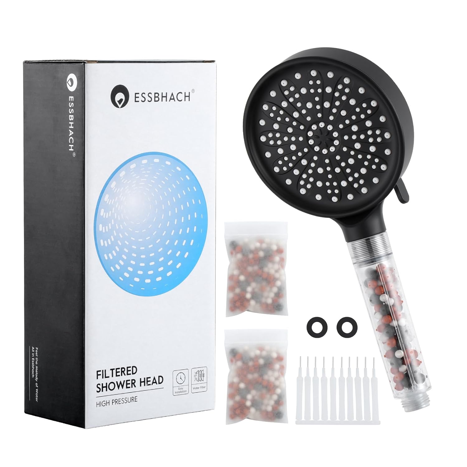 Essbhach Handheld Shower Head Filter for Hard Water Black, Massage Spray, Built in Power Wash