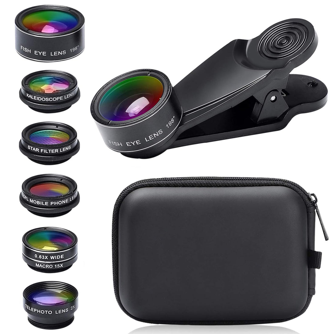KINGMAS 7-in-1 Phone Camera Lens Kits, Universal Zoom 2X Telephoto Lens + 198° Fisheye Lens + 0.63X Wide Angle Lens + 15X Macro Lens + CPL + Kaleidoscope Lens + Starburst Lens with Zipper Bag