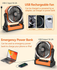 20000mAh Camping Fan with LED Lantern, 8 inch Battery Operated Fan, USB Rechargeable Tent Fan Outdoor Power Bank Portable Fan with Hook for Hiking Camping Fishing Emergency Survival (Building Orange)