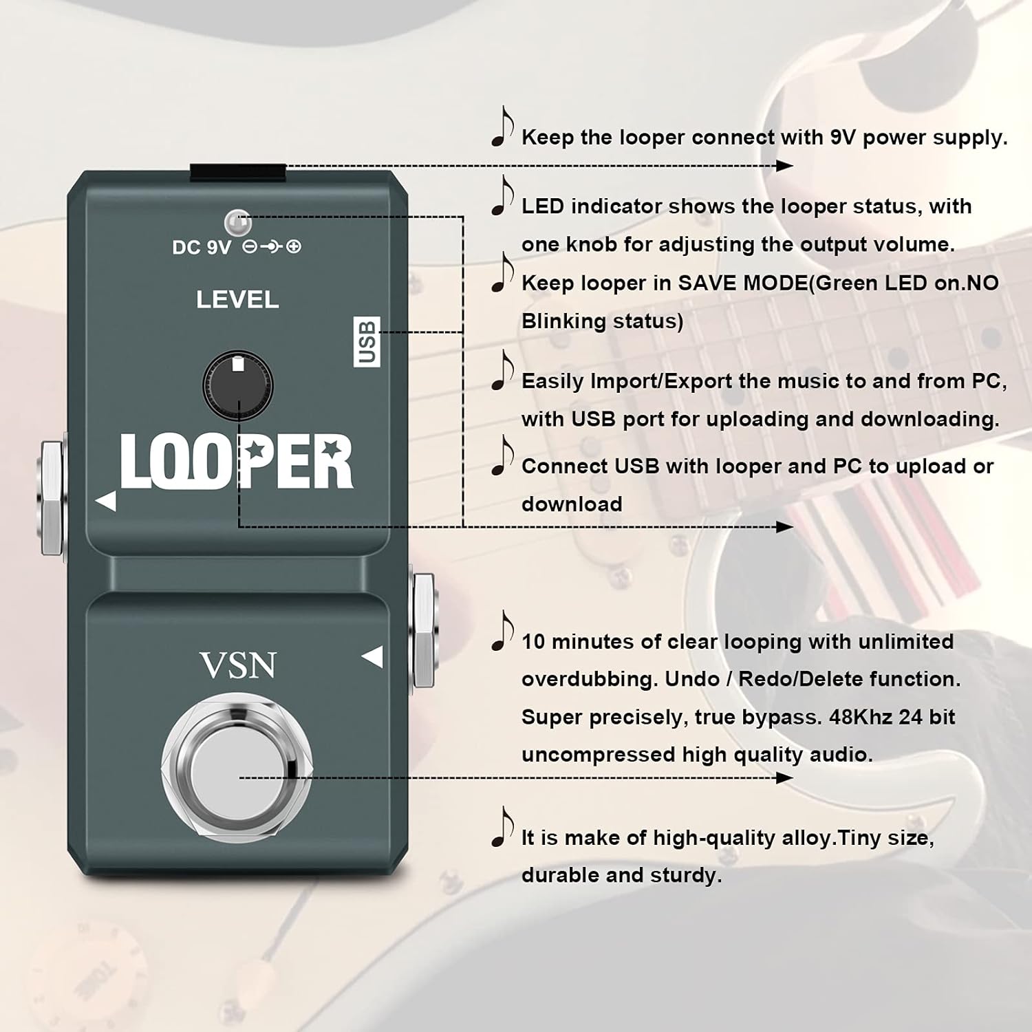 VSN 48K Looper Electric Guitar Effect Loop Pedal 10 Minutes of Looping Unlimited Overdubs USB Port True Bypass