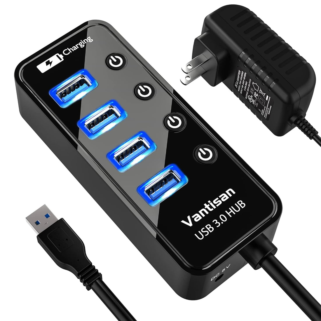 vantisan Powered USB 3.0 Hub, USB Extension 4-Port USB Hub Splitter (4 USB 3.0 Data Ports+1 Smart Charging Port) with 5V/3A Powered Adapter and Individual ON/Off Switches