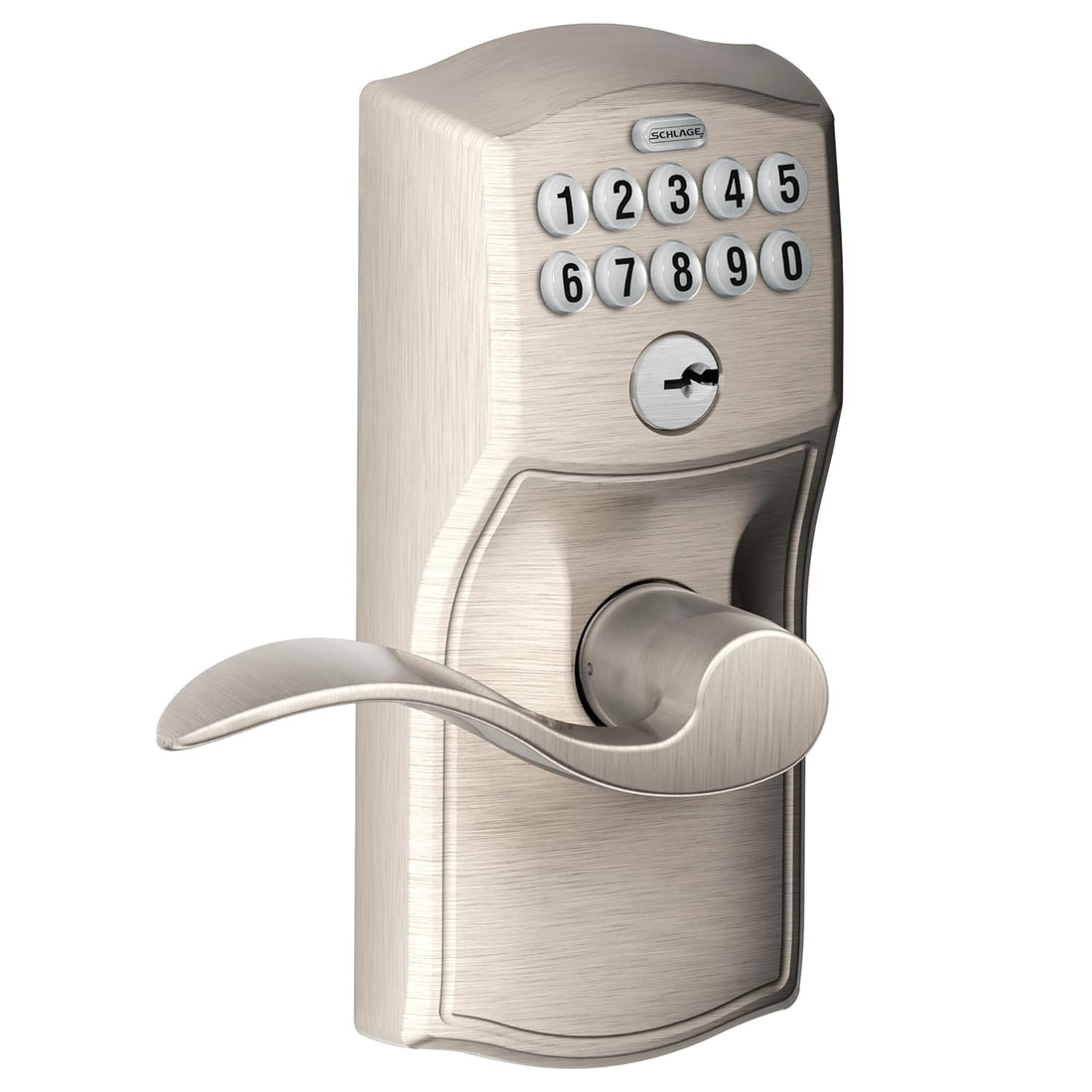 Schlage FE595VCAM619ACC Camelot Keypad Accent Lever Door Lock, Satin Nickel