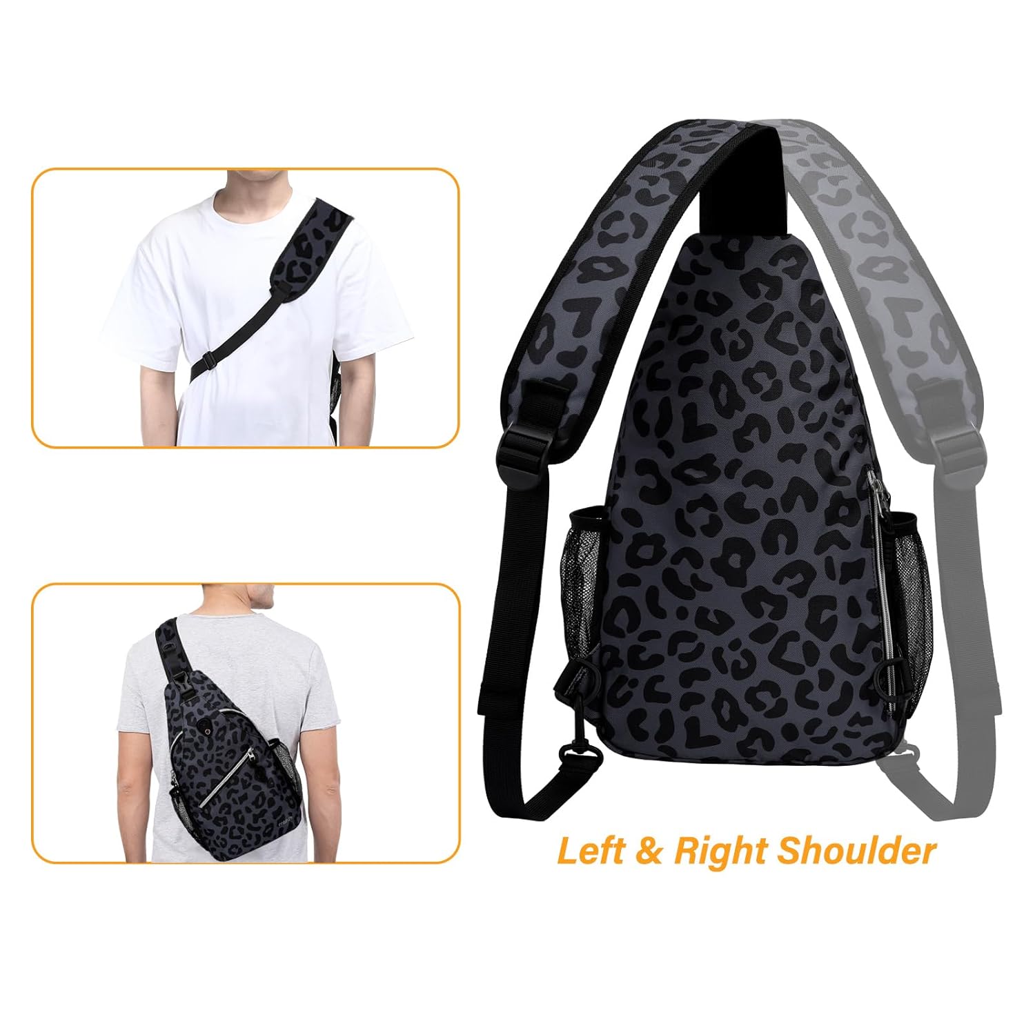 MOSISO Sling Backpack,Travel Hiking Daypack Leopard Grain Rope Crossbody Shoulder Bag & Removable Strap, Black