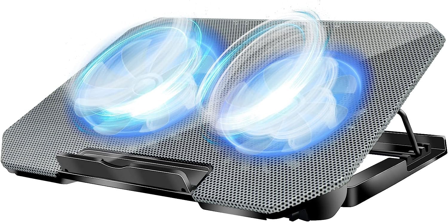 Laptop Cooling Pad, Cooler Pad Chill Mat 2 Quiet Fans LED Lights and 2 USB Ports 5 Height & with Adjustable Speed Mounts Metal Mesh Design, for 9"-17" Laptops（Silver）