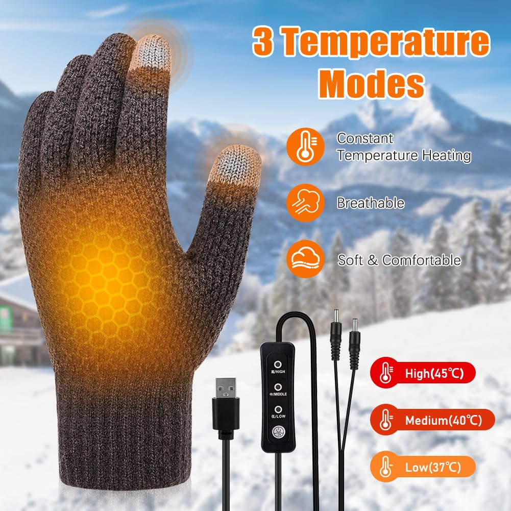 ACETOP USB Heated Gloves for Men and Women, Winter Warm Heating Gloves Full Hands Warmer with 3 Adjustable Temperature, Electric Touchscreen Gloves Washable Knitting Laptop Typing Gloves (Dark Gray)
