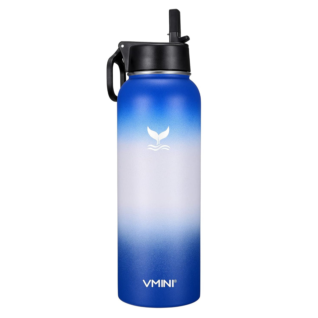 Vmini Water Bottle with Straw, Wide Rotating Handle Straw Lid, Wide Mouth Vacuum Insulated Stainless Steel Water Bottle, Gradient Blue+White+Blue, 40 oz
