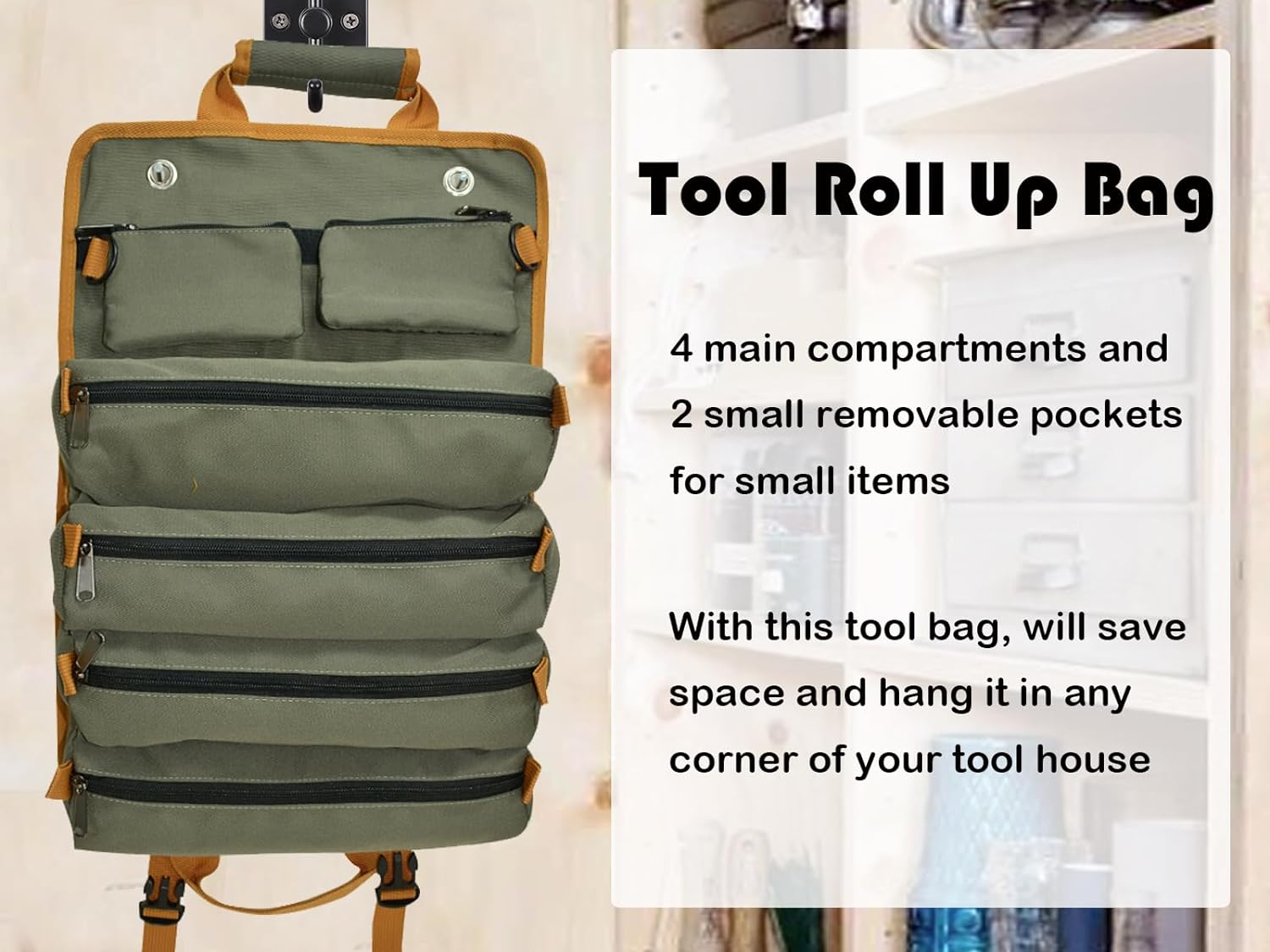 Tool Bag Roll Up, Bag Tool Organizers, Small Tool Bag W/Detachable Pouches, Heavy Duty Tool Organizer for Men Women(Green)
