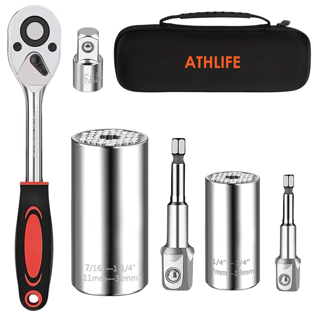 Athlife Universal Socket Wrench Set (11-32mm 7-19mm) Professional Sockets Tools Multi-function Wrench Repair Kit with Power Drill & 3/8 Ratchet Wrench Adapter Chrome Vanadium Steel (6PCS)