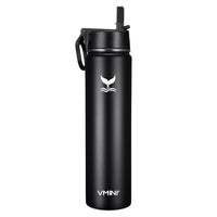Vmini Water Bottle with Straw, Wide Rotating Handle Straw Lid, Wide Mouth Vacuum Insulated Stainless Steel Water Bottle, Black, 24 oz
