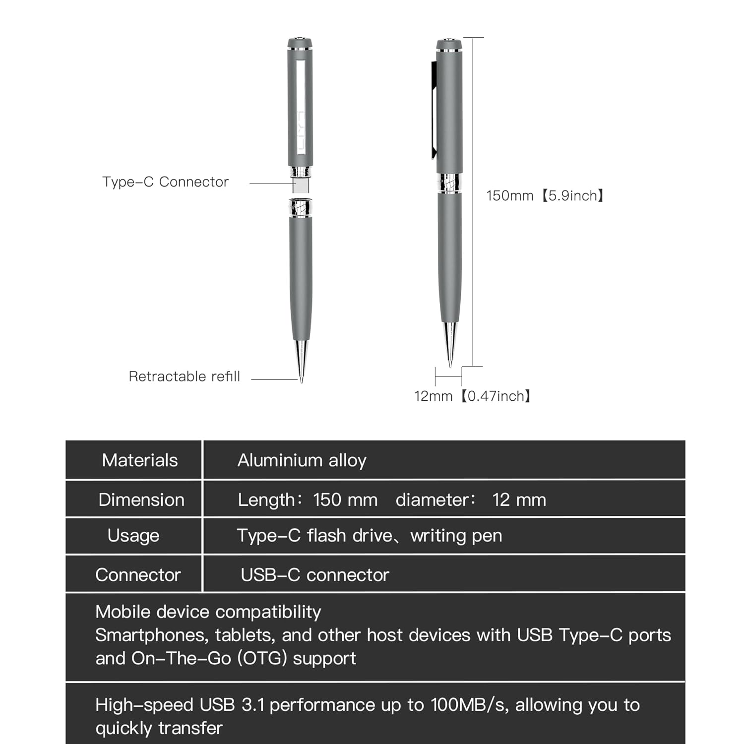 AUDIOFINA 128GB USB Flash Drive, USB-C Ultra High-Speed USB 3.1 Flash Drive with Pen Design, Plug and Play, Portable Memory Stick, Data Storage Drive Compatible with Computer, Laptop, Smartphones