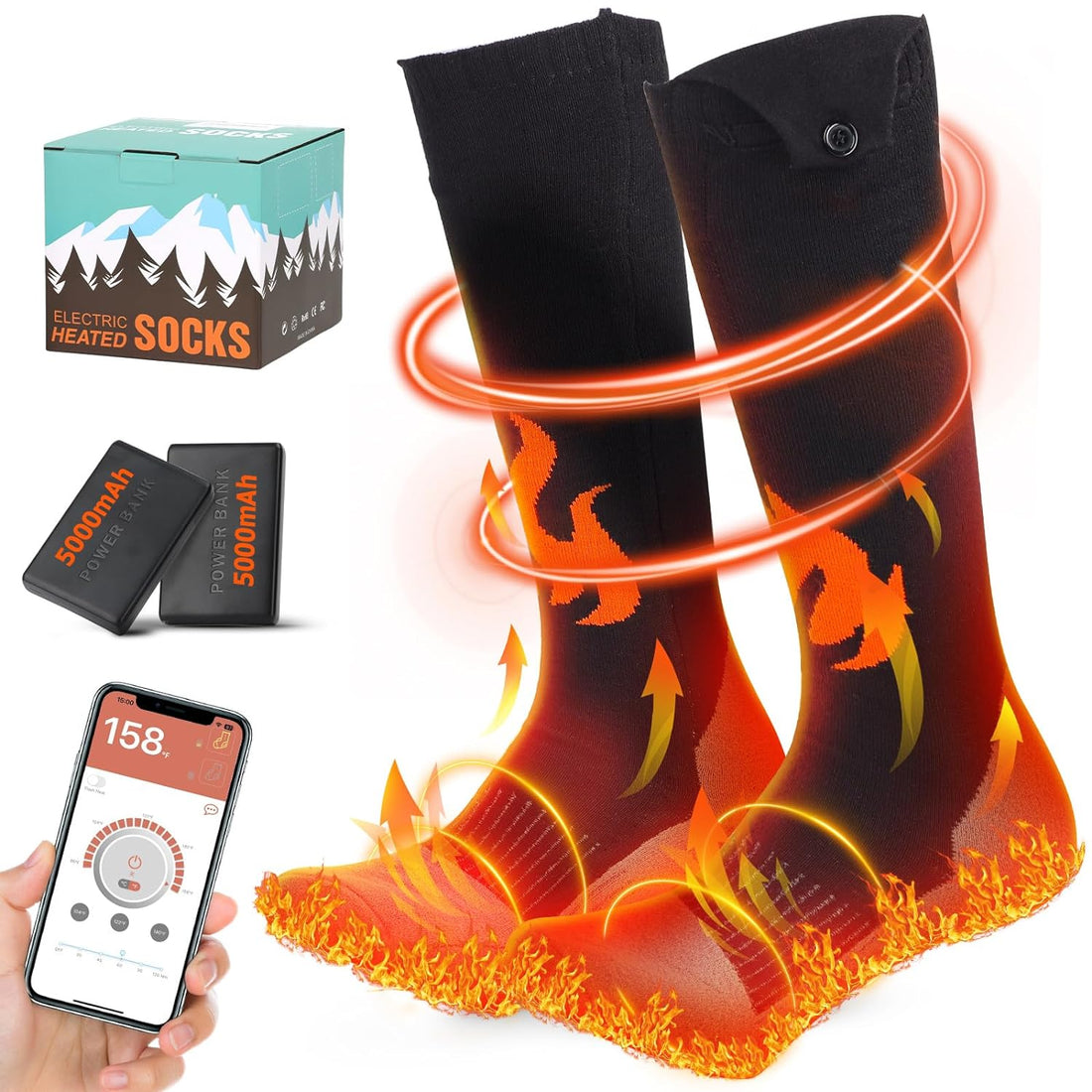 5000 mAh Electric Socks for Men Rechargeable, App-Controlled Timer Battery Woman Heated Socks 5 Temperature Electric Socks, Up to 11 Hours Foot Warmers for Women Hunting Fishing Hiking Camping, M