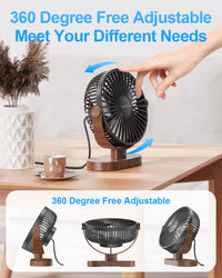 SWEETFULL 6.5 Inch USB Small Desk Fan, 3 Speeds Quiet Portable Desktop Table Fan, 360Ã‚° Adjustment Personal Mini Fan for Home Office Car Outdoor Travel (Black wood grain)