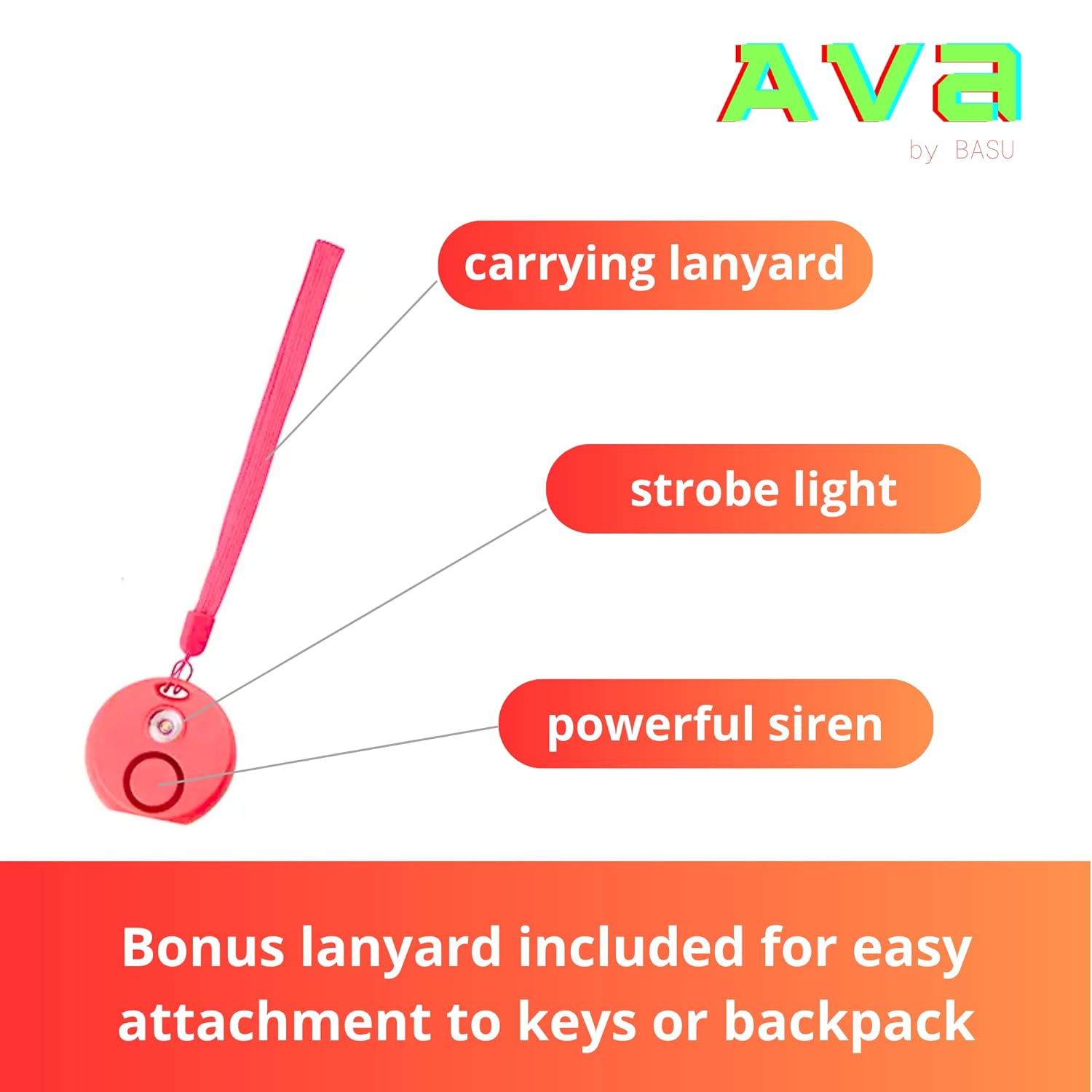 Ava Personal Alarm by BASU® 140dB All Ages, Use in Any Emergency, Extra Loud, Batteries Included (Pink)