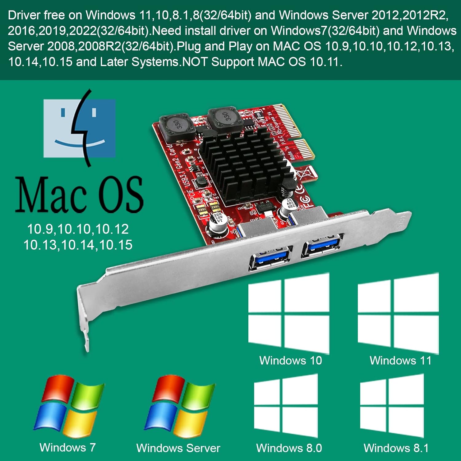 PCIE to 2 USB 3.1 GEN2 Type A 10Gbps Ports Expansion Card for Windows 7, 8.1, 10, 11 (32/64) and MAC OS 10.9,10.10,10.12,10.13,10.14,10.15 PCs, Built in Smart Power Control Technology (PCE-U312A)