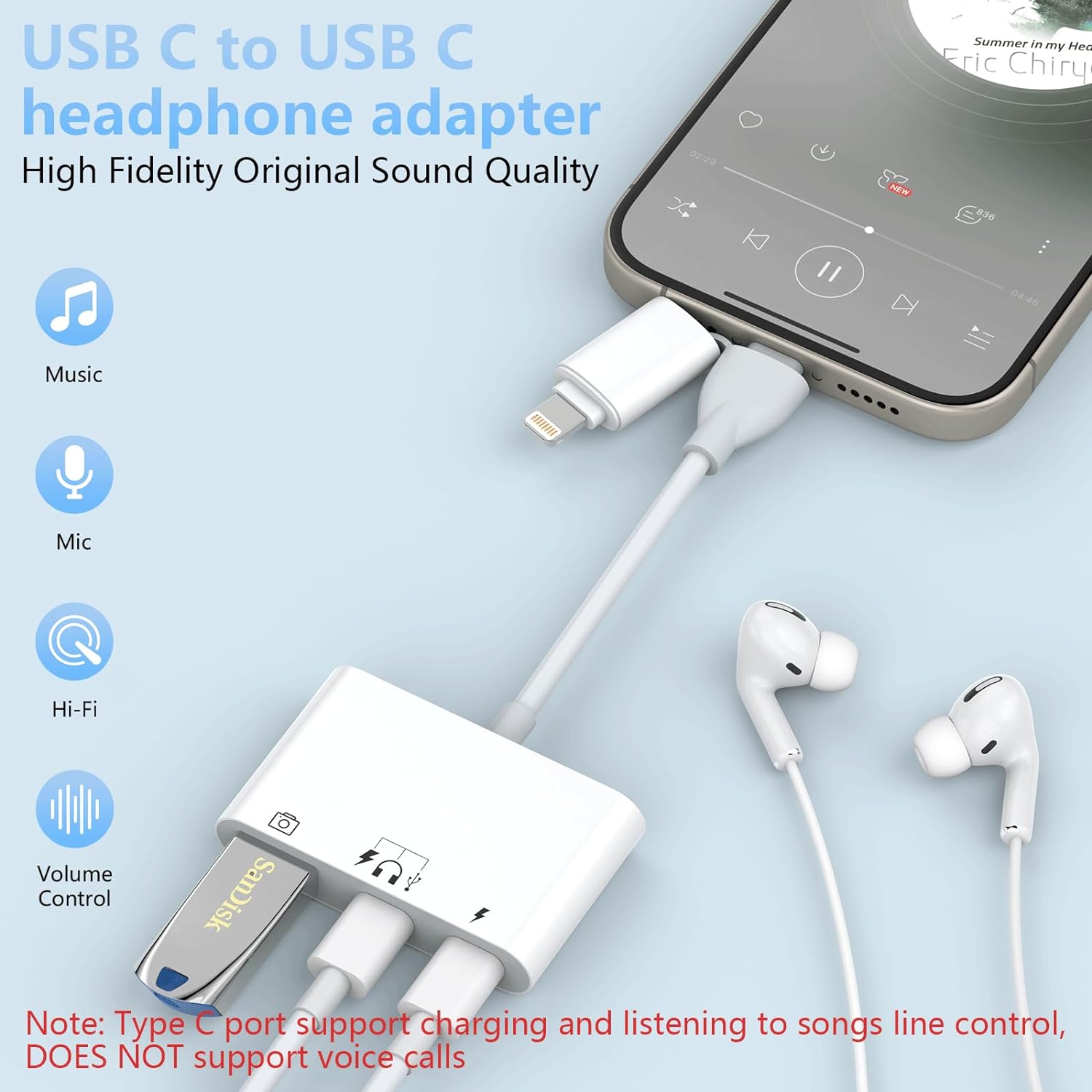 USB C Lightning to USB Camera Adapter for iPhone 15 Type C Audio Dongle Cable with PD60W Fast Charging Port for iPhone/iPad/Samsung/Laptops to Connect Card Reader USB Flash Drive U Disk Keyboard Mouse