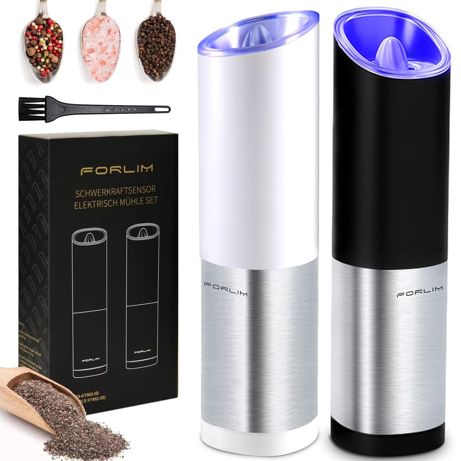 FORLIM Gravity Electric Salt and Pepper Grinder Set Battery Operated, Adjustable Coarseness, Blue LED Light, One Hand Automatic Operation, Stainless Steel Black+White, 2 Pack