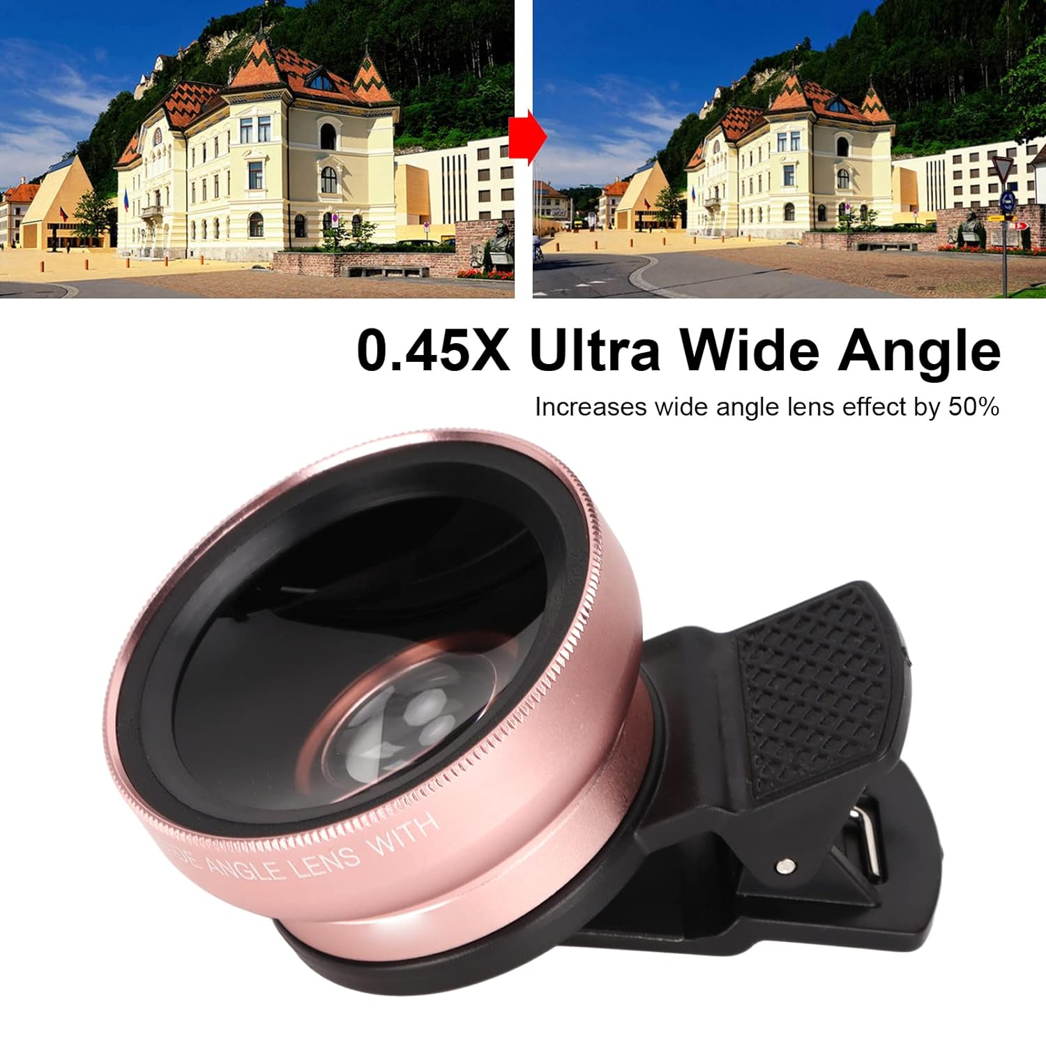 2 in 1 Cell Phone Lens Kit, 0.45X Wide Angle 12.5X Macro Phone Camera Lens, Professional Cell Phone Lens with Clip, Detachable HD Lens with Storage Bag, Compatible with Phones and Tablets(Rose Gold)