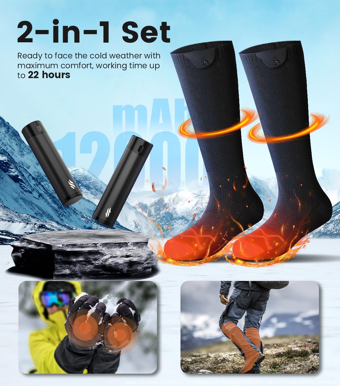 Heated Socks and Hand Warmers for Men Women - 2 Packs 6000mAh 7.5V Electric Foot Warmers - Battery Thermal Socks - Gifts for Hunting, Fishing, Skiing and Outdoor - Christmas Stocking Stuffers