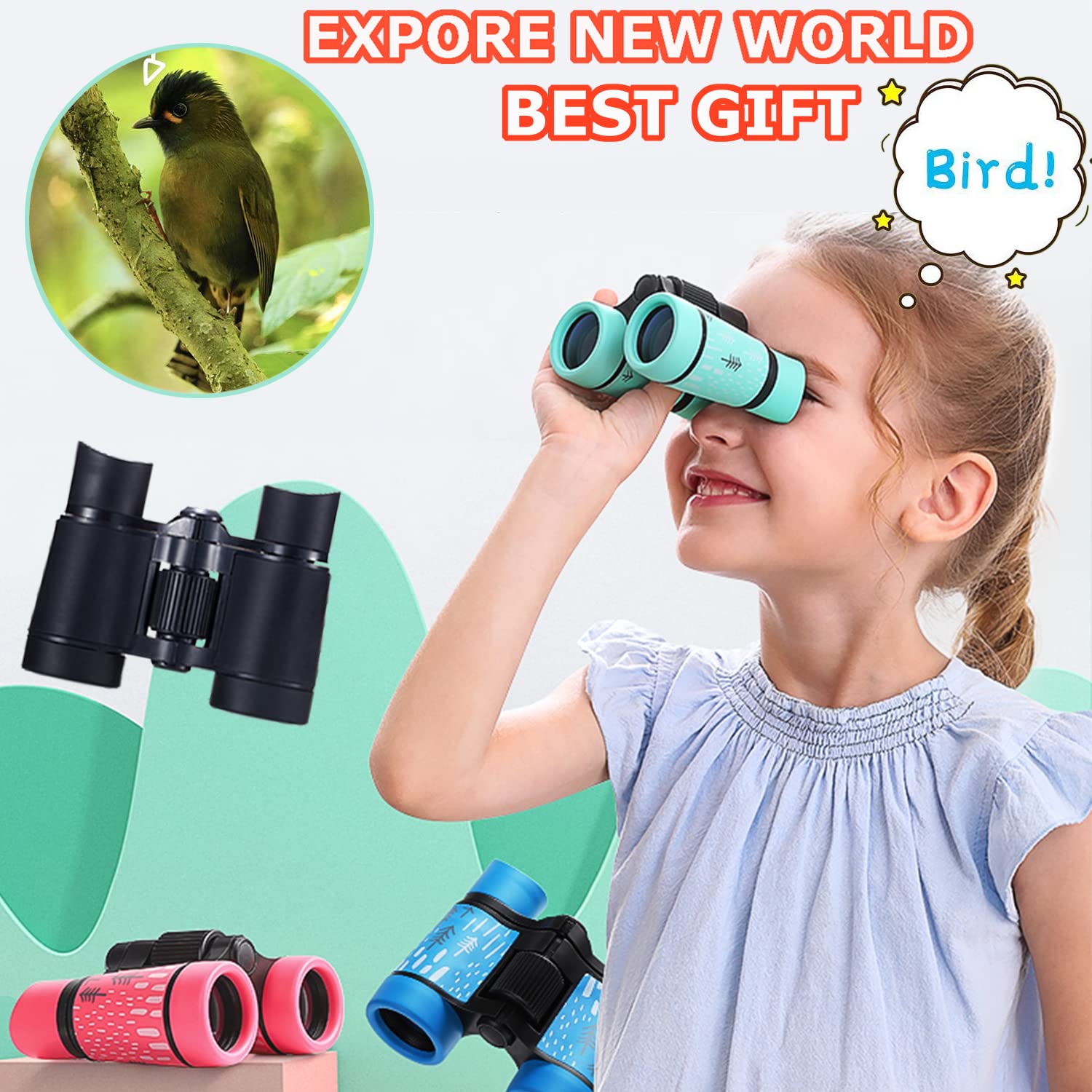 Kid Binoculars Best Gifts for 3-12 Years Boys Girls High-Resolution Optics Shockproof Mini Compact Binocuolar Toys Folding Small Telescope for Bird Watching Camping Outdoor Play (Black)