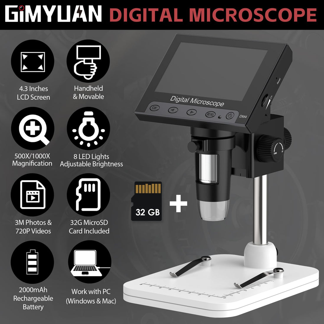 GIMYUAN LCD Digital Microscope with Stand (4.3'' Screen)