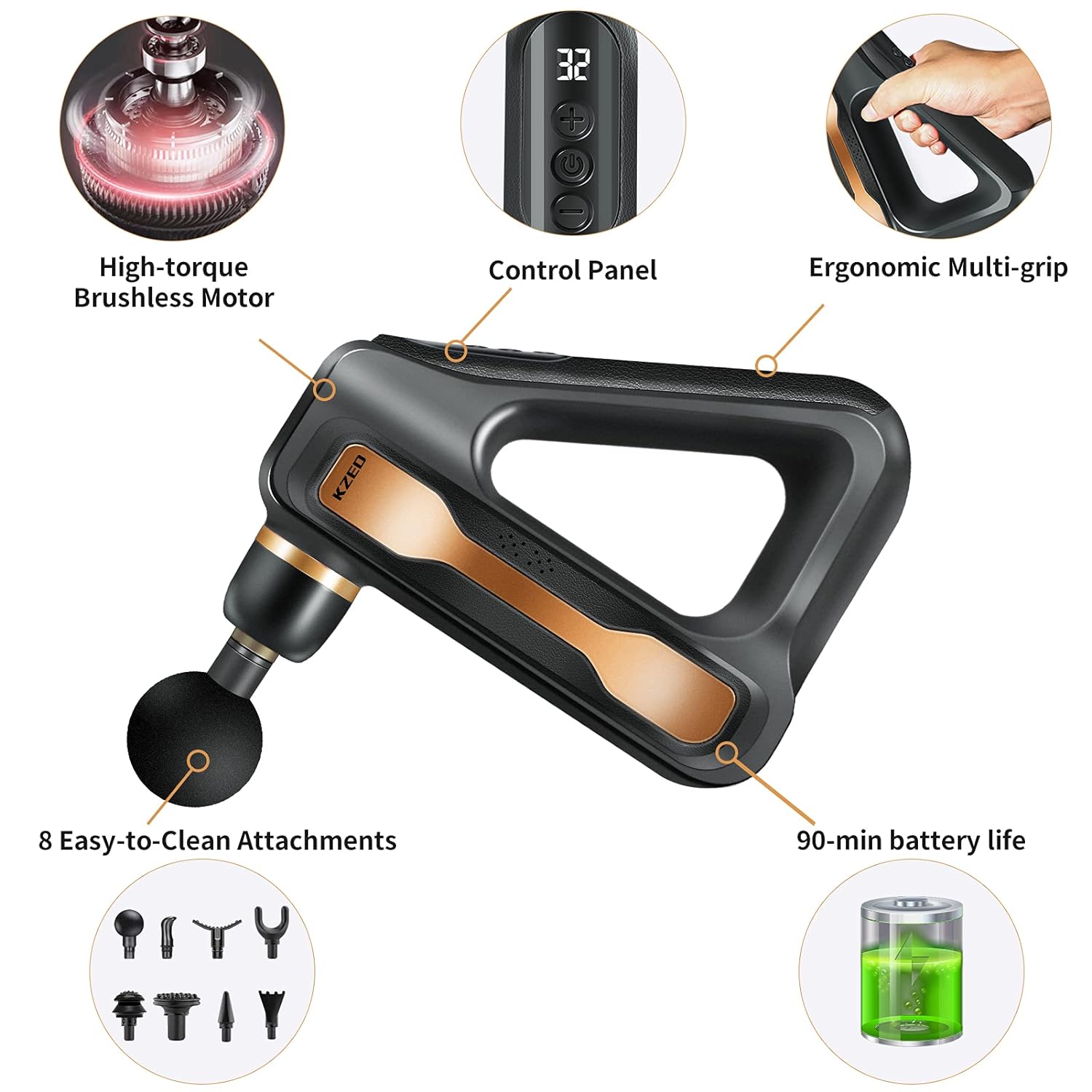 KZED Massage Gun Back Massager Massage Gun Deep Tissue Muscle Massager Percussion Massage Gun Hand Held Massager Muscle Massage Gun 32 Speeds Quiet Handheld Massager 8 Heads Long Battery Life (Gold)