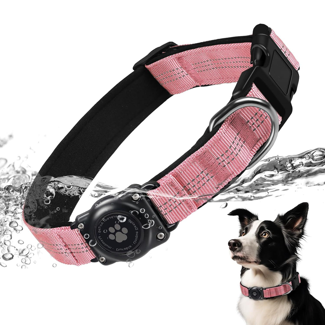 AirTag Dog Collar, IP68 Waterproof Air Tag Dog Collar Holder, Reflective, Ultra-Durable, Comfortable Padded, Heavy Duty Dog Collars for Small Medium Large Dogs (S (10.6"-13.6"), Pink)