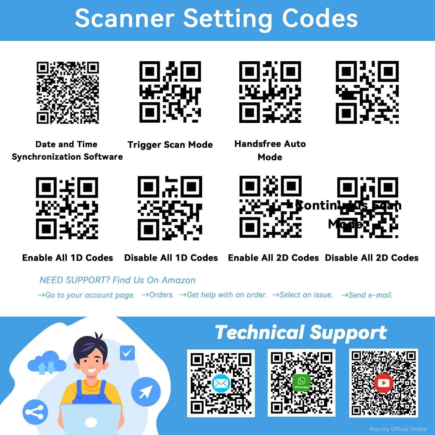 Alacrity Upgraded 2D Industrial Barcode Scanner with Wireless Charging Stand, 1968 Feet Transmission Distance 433Mhz Wireless & Bluetooth 2in1 Barcode Reader, Shock Dust Proof Hands Free, Blue