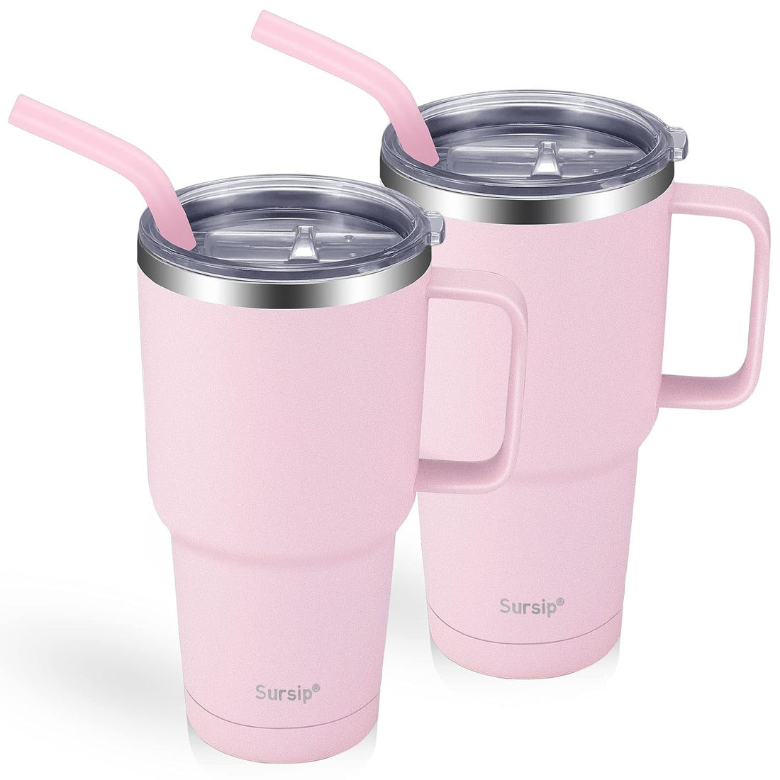Sursip 30 oz Stainless Steel Cup,2 PackDouble Wall Vacuum Insulated Water Tumbler With Straw,Office Cup with Handle/Lid/Brush,Coffee Mug Travel Cup For Water（Pink）