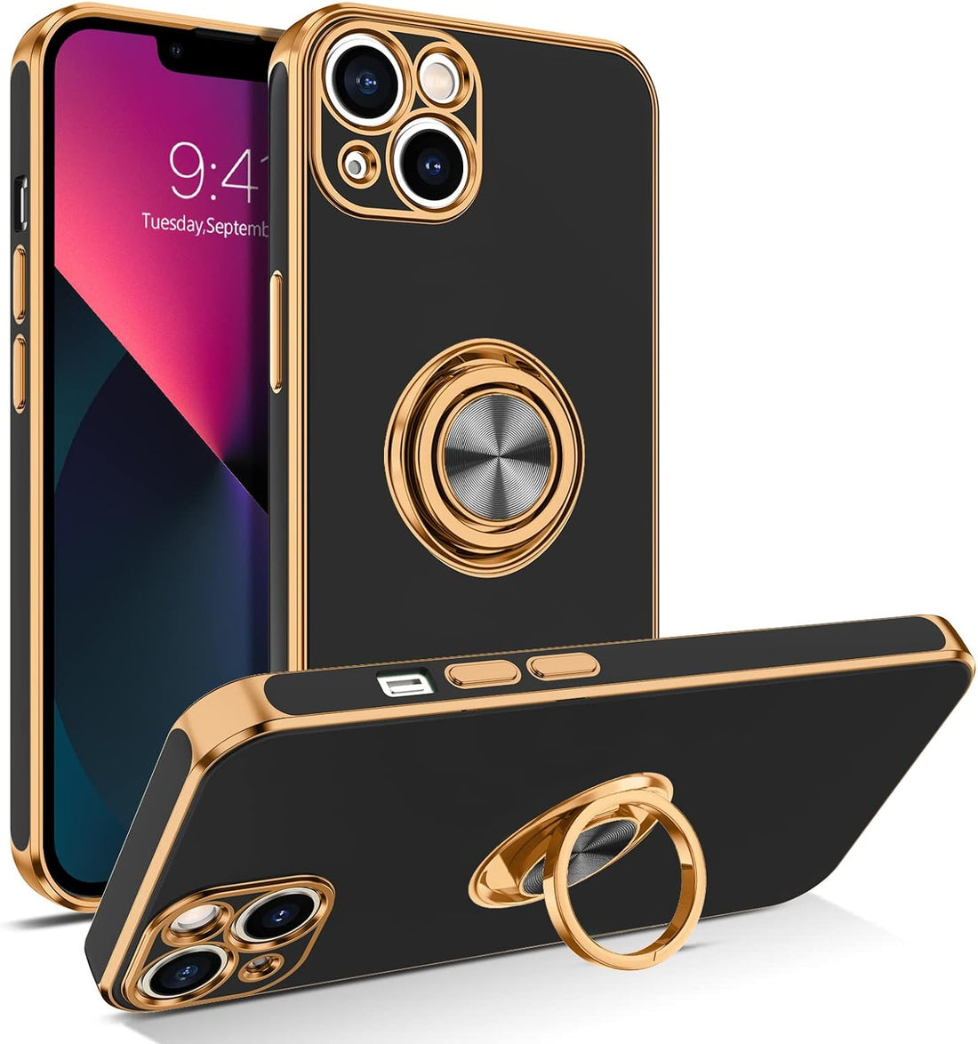 BENTOBEN iPhone 13 Case, Phone Case iPhone 13 6.1 Inch, Slim Fit 360° Ring Holder Shockproof Kickstand Magnetic Car Mount Supported Non-Slip Protective Women Girls Men Boys Cover, Black