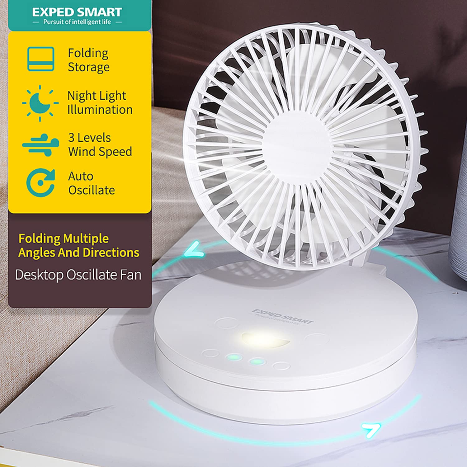 SDYXJ Portable Fan Rechargeable, Stand & table fan Folding & With 4 Speeds ，120 Degree Oscillating & Adjustable Tilt/Head Quiet for Office Home Outdoor Camping