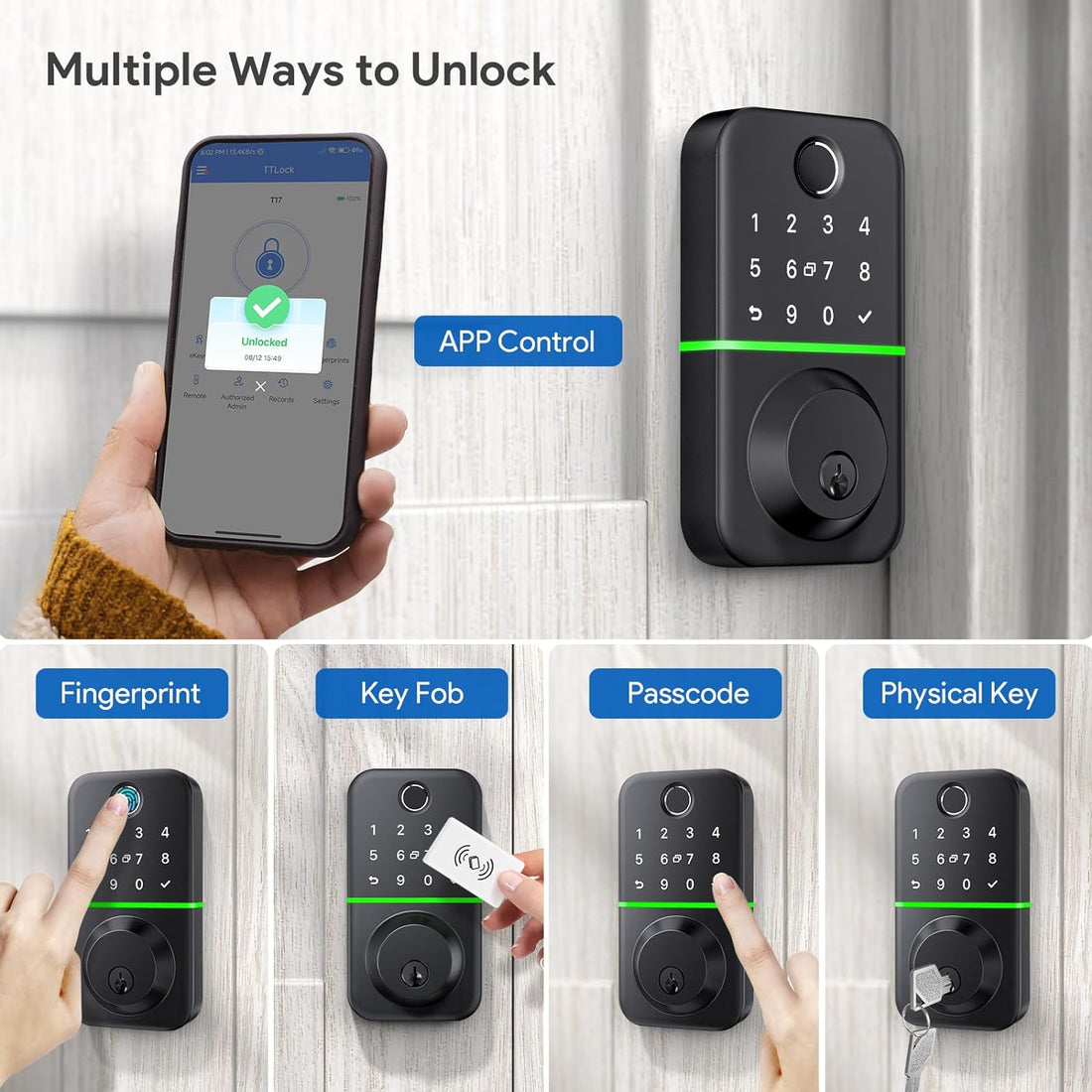 Smart Door Lock Deadbolt with Keypad: Keyless Entry Door Lock - Fingerprint Lock for Front Door - Electronic Lock with Bluetooth and APP Control - Waterproof IP66 for Outdoor