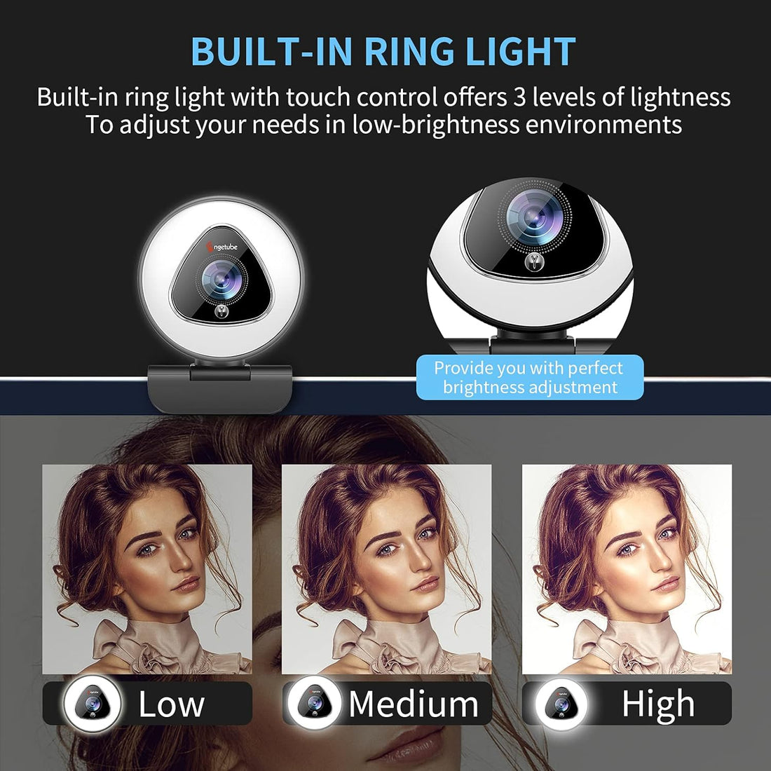 Streaming Webcam with Ring Light - 1080P Autofocus Computer Camera with Microphone Adjustable Brightness Digital Zoom Webcams for Xbox Twitch Gaming USB PC Web Camera for PC Laptop Desktop