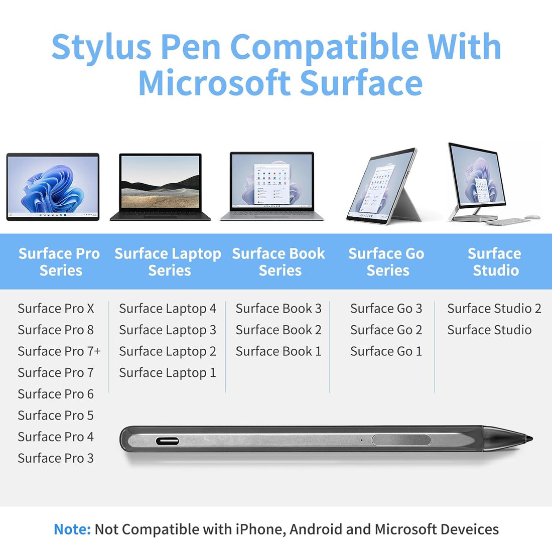 Stylus Pen for Microsoft Surface Pro9/8/7/6/5/4/3/X Surface Laptop/Book/Surface Go3 Go2, with Storage Box, 4096 Tilt Pressure, Magnetic Attachment, USB-C Fast Charging, Palm Rejection Function, Black