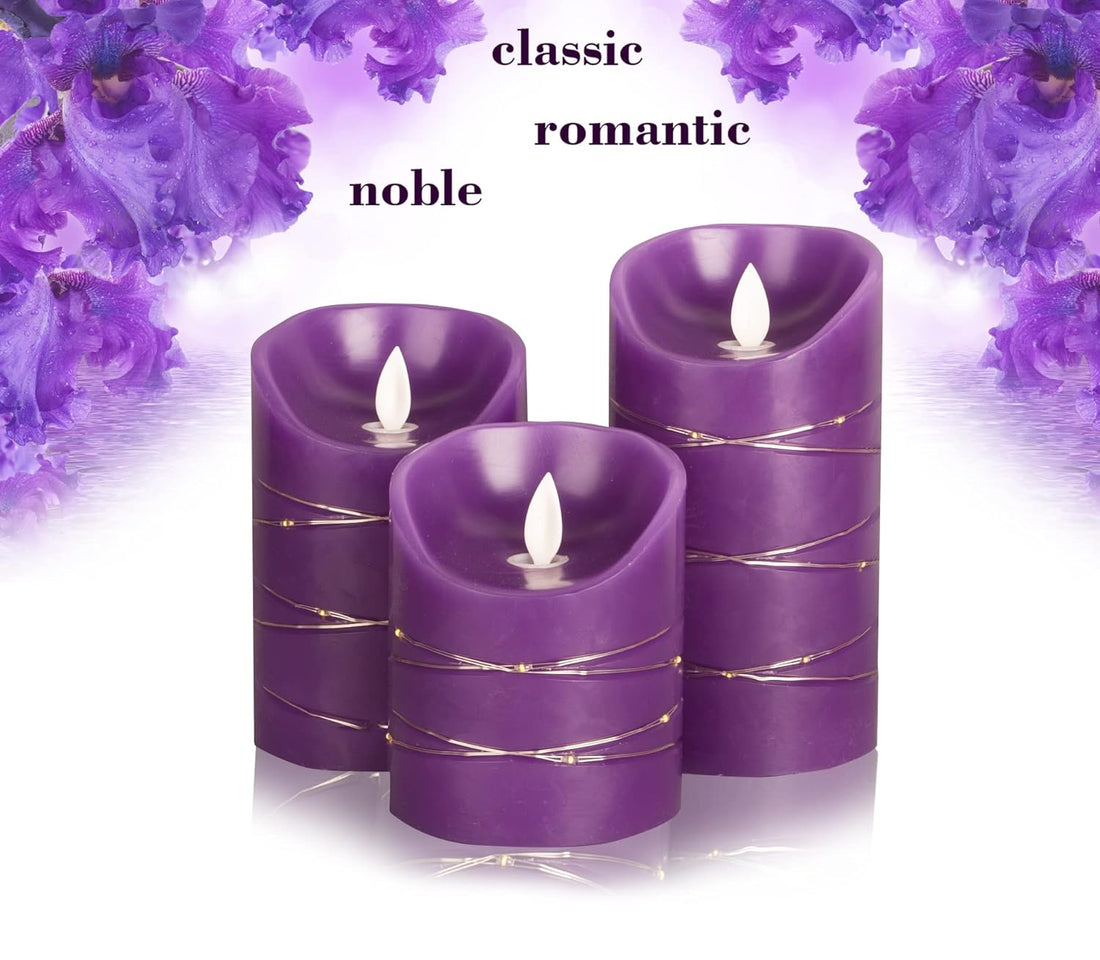 DANIP Purple Flameless Candle, Built-in Star String, 3 LED Candles, 11 Button Remote Control, 24 Hours Timer (Purple)