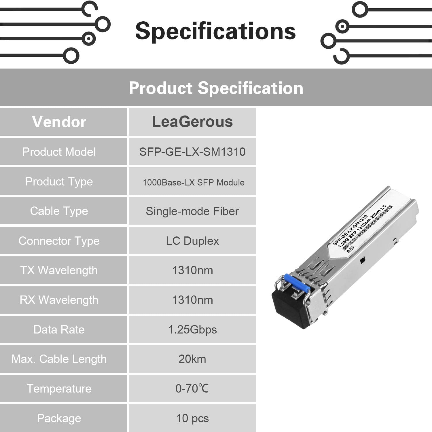 10Pcs SFP Network Transceiver Module, 1.25 Gigabit Single Mode LC Duplex 1000BASE-LX Dual Fiber SFP 20km 1310nm