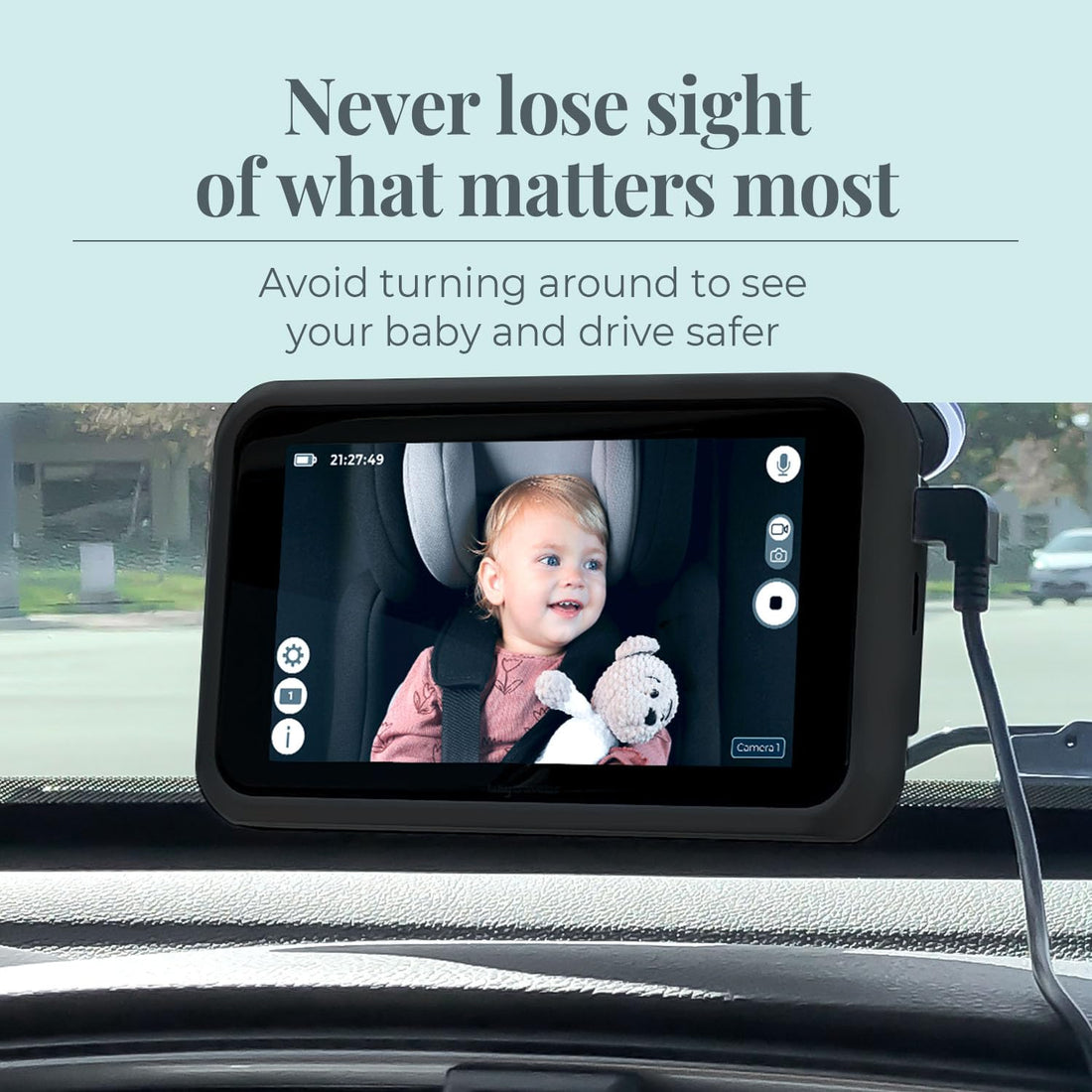 Tiny Traveler | Portable Video Baby Monitoring System with Travel Kit, View Kid in Rear Facing Seat, Night Vision HD 720p 5" Touchscreen, Battery Powered, Split-Screen, Travel Pouch Included - Black