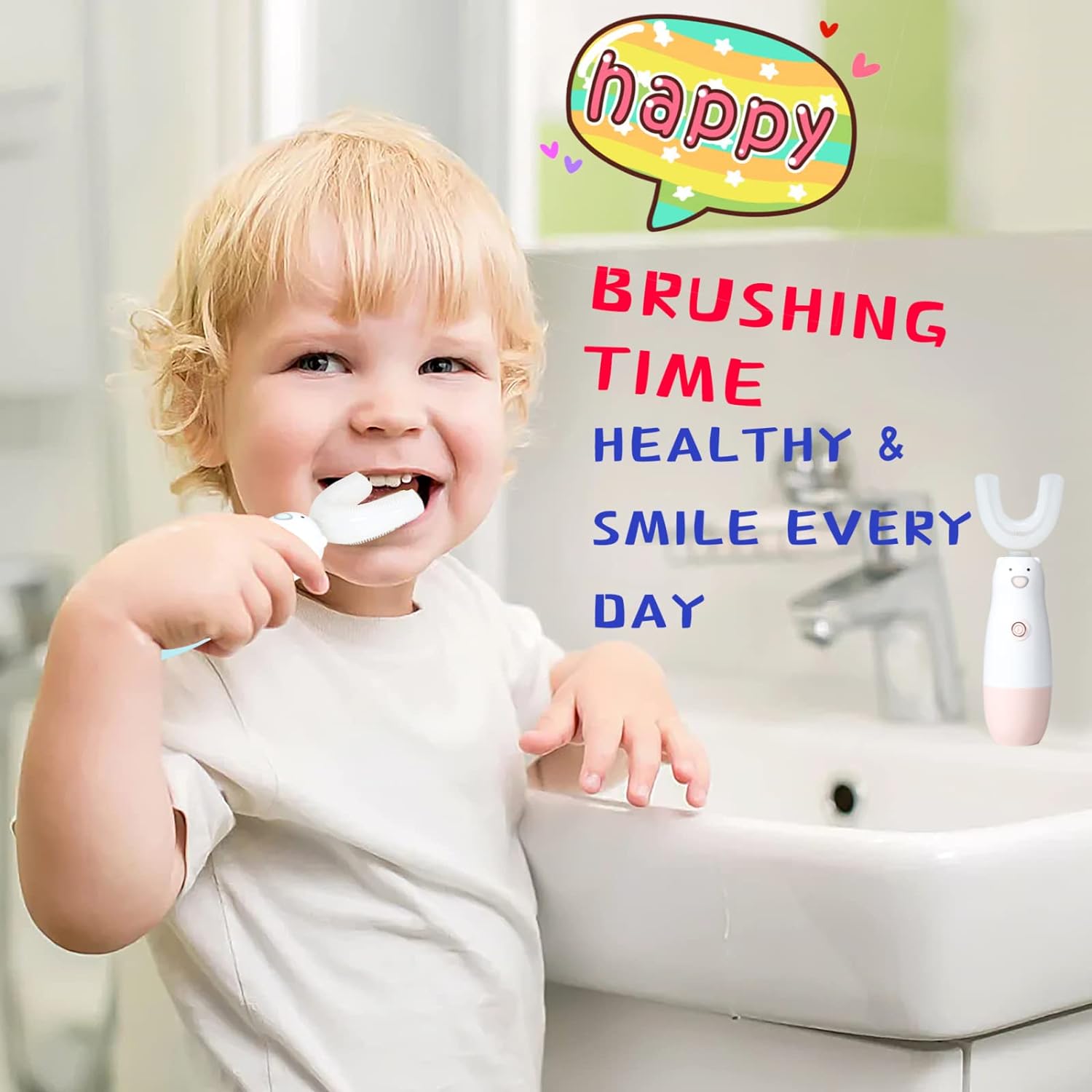Meqtpomy Kids Electric Toothbrushï¼Å’6 Cleaning Models U Shaped Toothbrush Waterproof Battery Powered 360 Automatic Toddler Toothbrushes for 3-7 Years Old for Boys Girls
