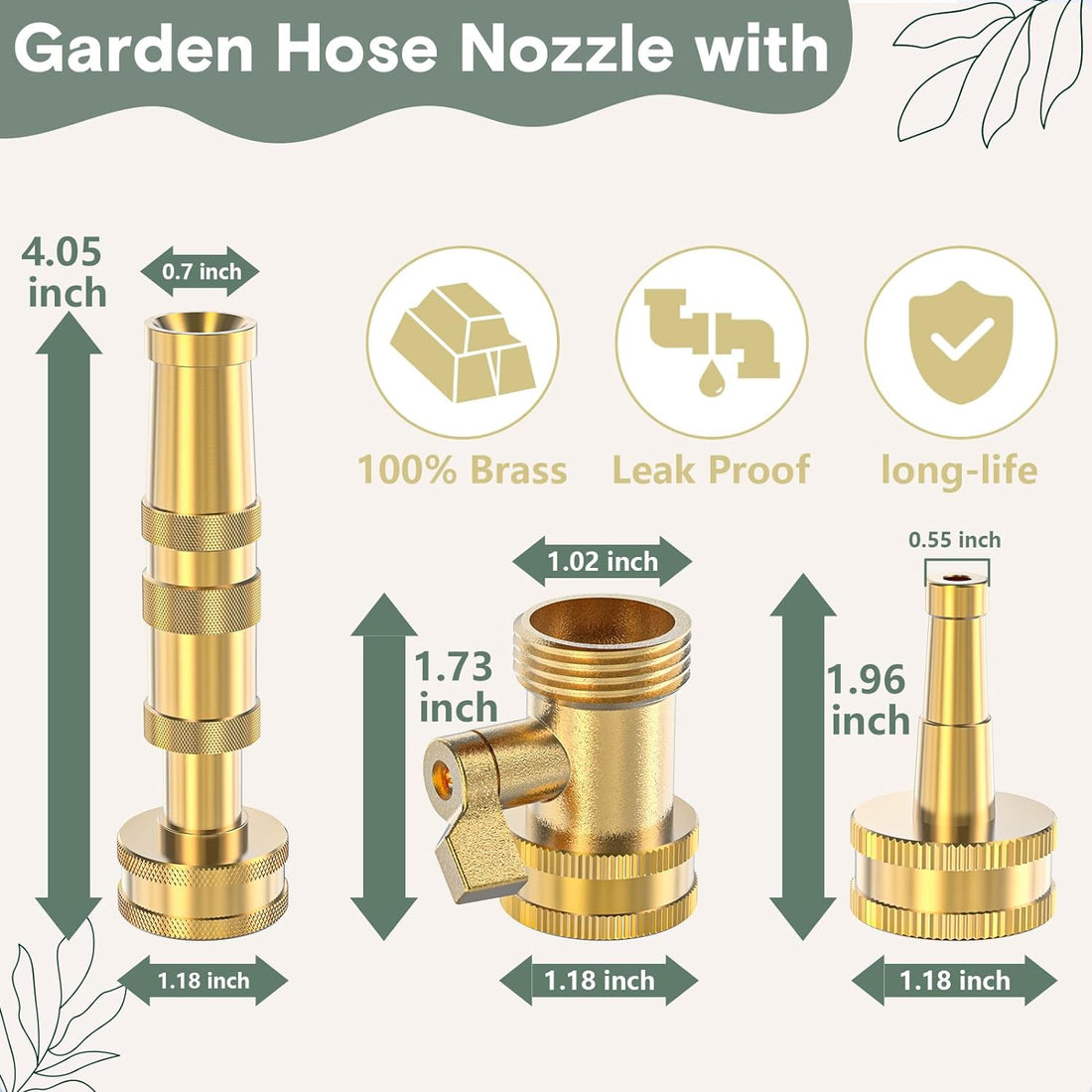 Twinkle Star Heavy-Duty Brass Adjustable Twist Hose Nozzle, High Pressure Hose Nozzle with On-Off Valve, Leak-Free Operation 3/4" GHT Connector 3 Pack