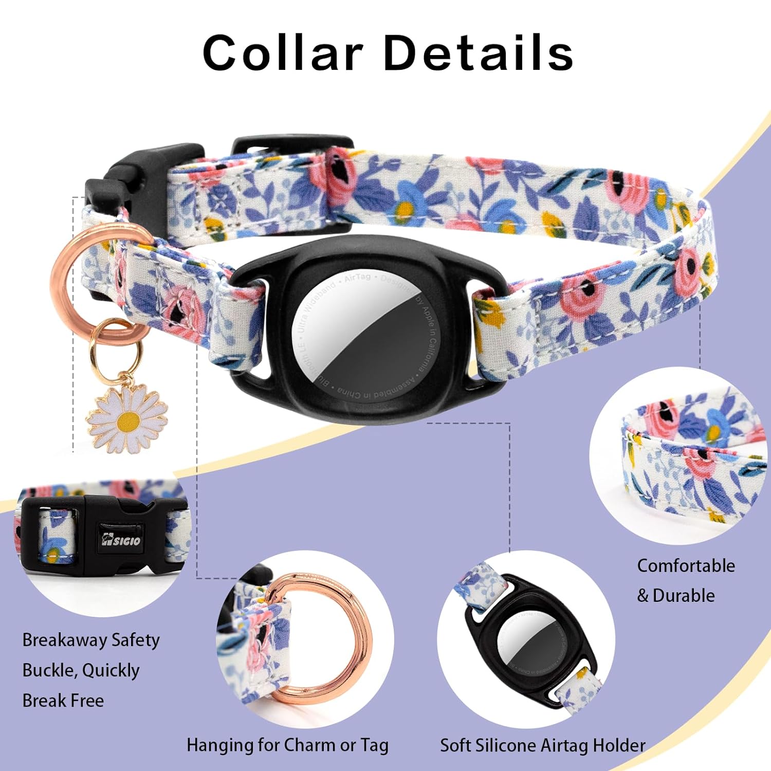 Airtag Cat Collar, HSIGIO GPS Cat Collar Breakaway with Apple Air Tag Holder & Flower Charm, Floral Cat Tracker Collar in 0.6 Inches Width for Girl Boy Cats, Kittens and Puppies (S, Blue Flower)