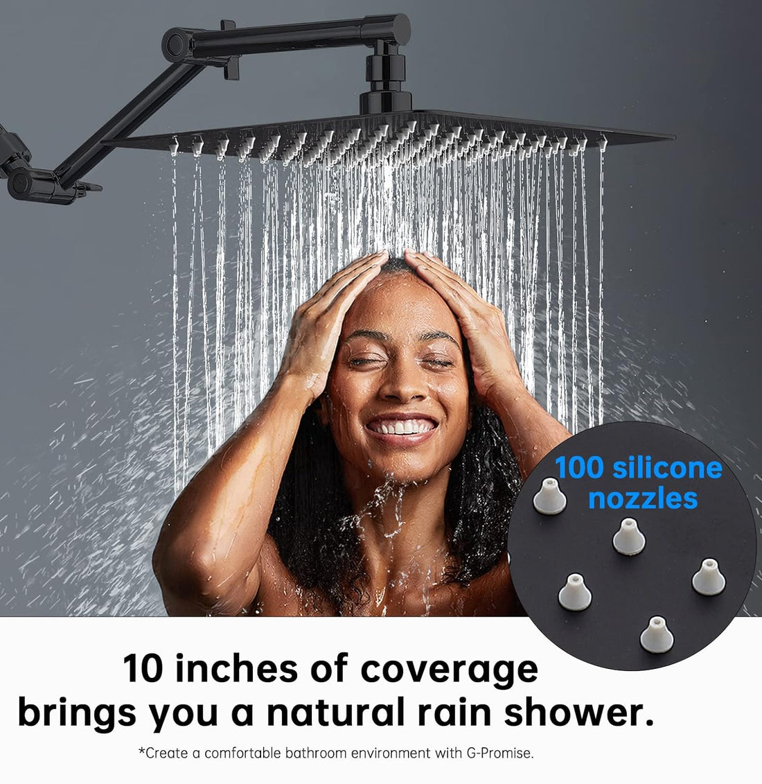G-Promise Rain Shower Head with 13" Adjustable Extension Arm | High Pressure Solid Metal Rainfall Showerhead | 10" Luxury Morden Look Square Large Waterfall Showerhead (Matte Black)